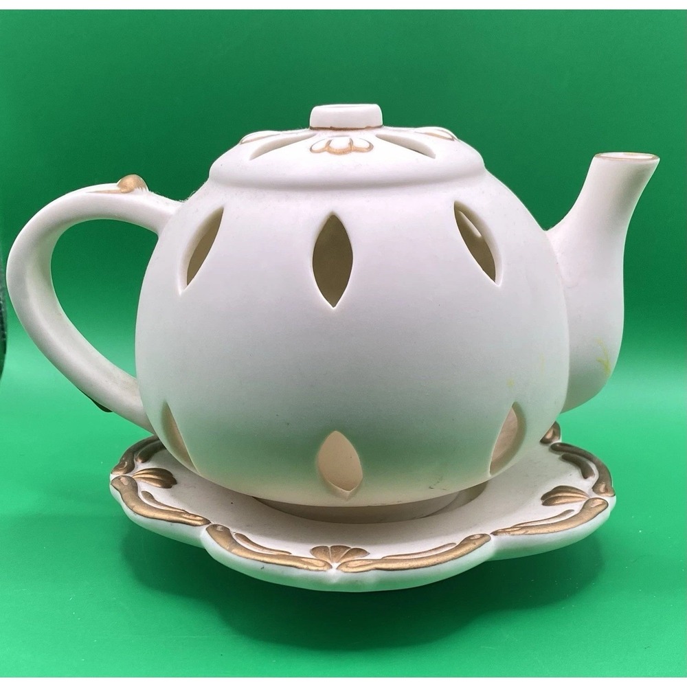 Partylite TEAPOT Tealight Candle Holder TEA TIME Luminary P7301 Porcelain Bisque - Picture 2 of 8